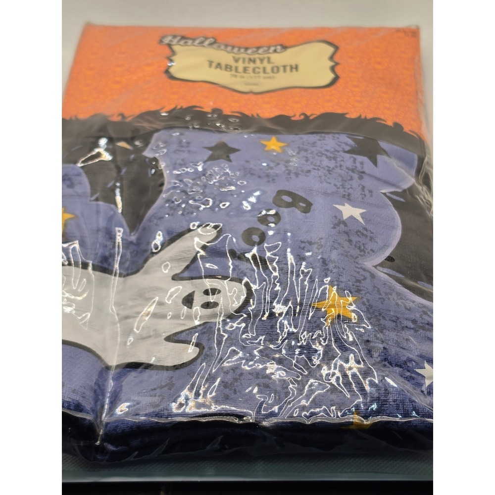 Vintage 2003 Target Halloween Vinyl Tablecloth 70 Inch Round Ghost Bat Moon NEW